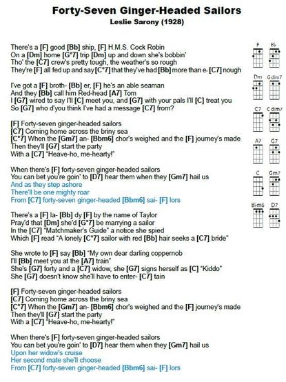 Ukulele sheet for "Forty-Seven Ginger-Headed Sailors" by Leslie Sarony (1928). Lyrics and chord diagrams, unfortunately too much for alt text.