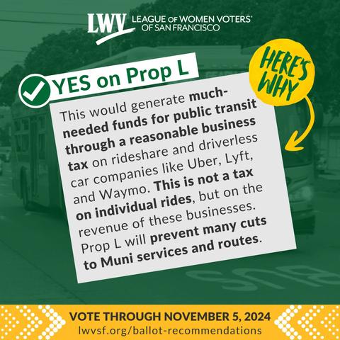 League of Women Voters of San Francisco. Yes on Proposition L. This would generate much-needed funds for public transit through a reasonable business tax on rideshare and driverless car companies like Uber, Lyft, and Waymo. This is not a tax on individual rides, but on the revenue of these businesses. Prop L will prevent many cuts to Muni services and routes. Vote through November 5, 2024.