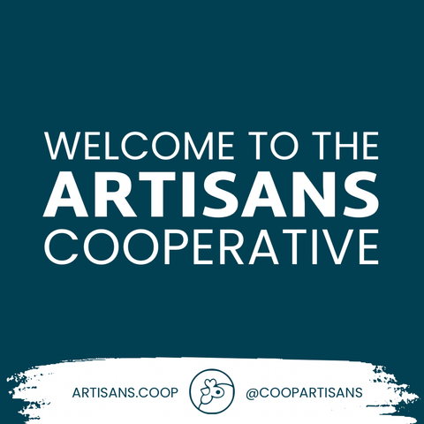 Image of text that says welcome to the Aritsans Cooperative. Chicken logo at the bottom with the website and social handle listed.