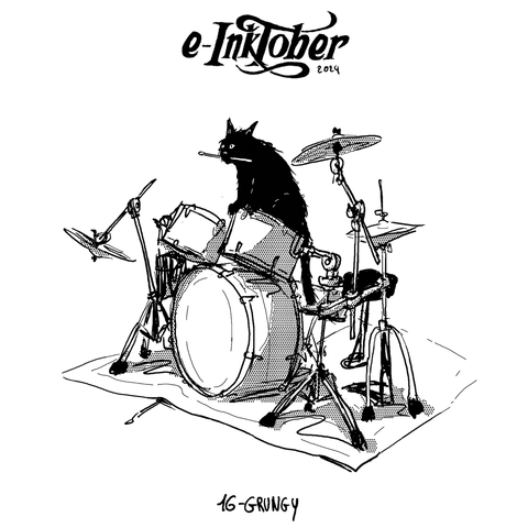 A black and white drawing of a drum set a bit damaged with a tousled black cat on top of it , he has a drumstick on his mouth.