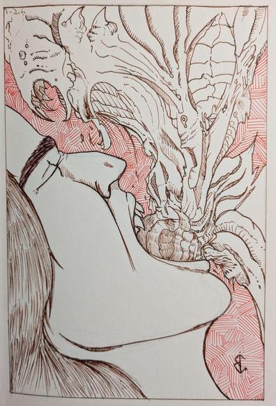 A drawing in bronze and red ink. The drawing features a profile view of a long haired person with sharp teeth. Their head is flung back, eyes closed, and mouth open wide like a scream. A swirling chaotic mass flows either from or into their open mouth (the movement of the mass is ambiguous).