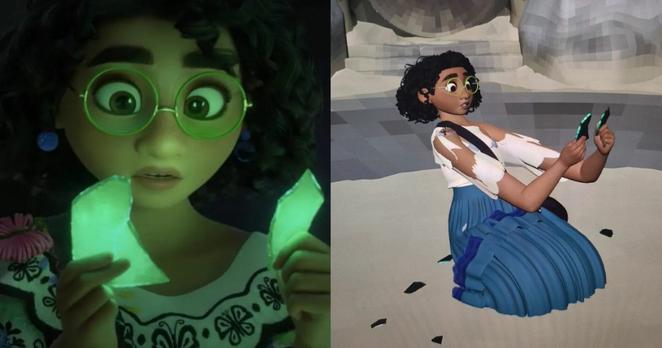 A side-by-side comparison of a scene from an animated movie showing a close-up view of a character observing a glowing piece of glass or pottery. Next to it is a view from further afar showing that to achieve the result, the character's forearms had to be lengthened.