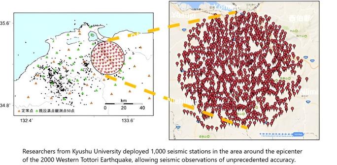 maps - Researchers from Kyushu University deployed 1,000 seismic stations in the area around the epicenter of the 2000 Western Tottori Earthquake, allowing seismic observations of unprecedented accuracy.