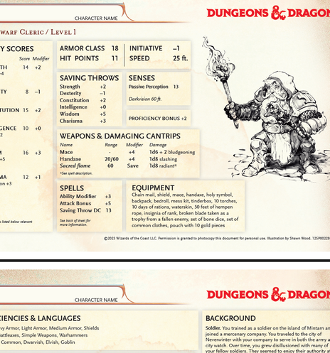 A Dwarf Cleric nicely formatted player card.