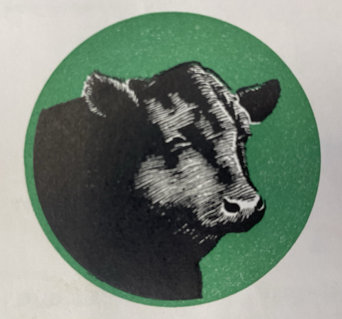 A deep green circle with a black Aberdeen Angus cow head in 3/4 profile. The cow looks sleepy and content.