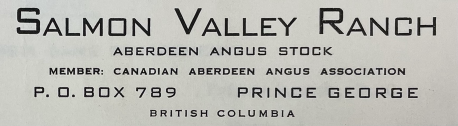 Letterhead in sans serif, slim, bold black font, naming the Salmon Valley Ranch, its address, and its membership in the Canadian Aberdeen Angus Association