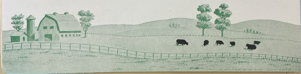 The footer spans the bottom of the page, uses dark green ink to illustrate rolling hills, a barn, fence line, and trees. Black cows graze in the right foreground.