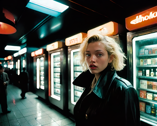 an oblique photographic depiction of a humanoid individual visiting a long row of vending machines at a facility for such things with other humanoid attendees visible in the distance
