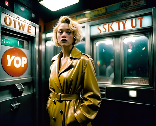 a photographic depiction of a humanoid individual in a yellow leather coat at a vending machine in an automat at night