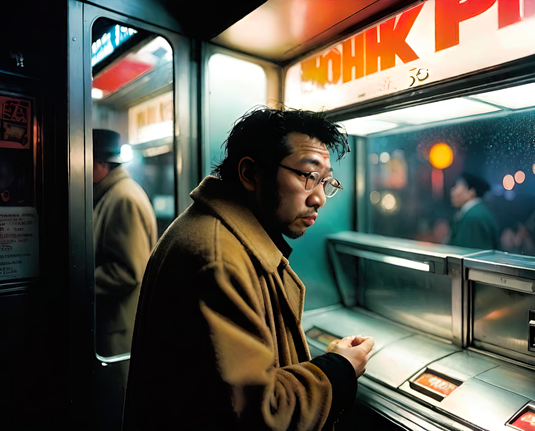 a photographic depiction of a humanoid individual inside an urban automated vending booth at night