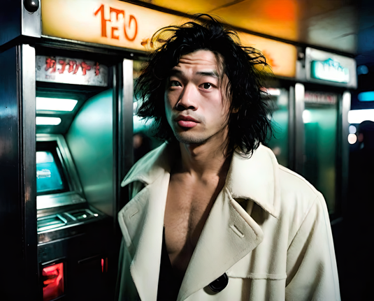 a photographic depiction of a humanoid individual in an overcoat inside an urban automated vending facility at night
