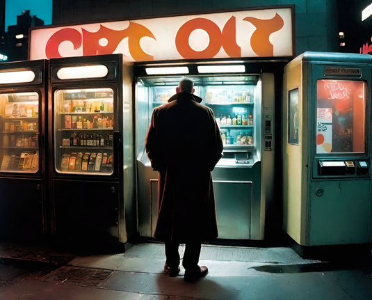 a photographic depiction of a humanoid individual with back to the viewer studying a row of outdoor vending machines in a nighttime urban setting