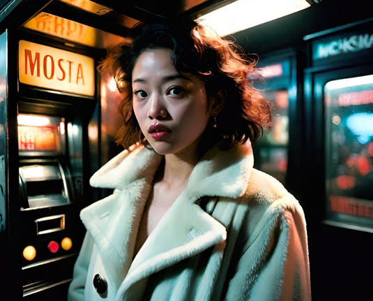 a photographic portrait of a humanoid individual in an overcoat with a background of vending machines