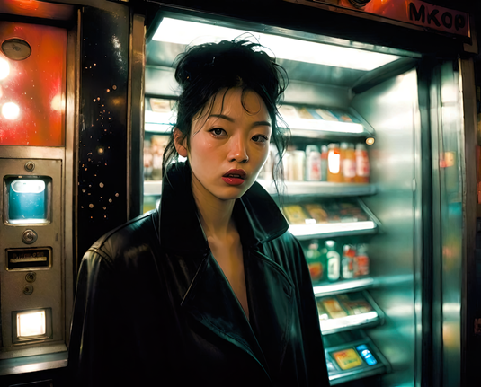 a photographic portrait of a humanoid individual, possibly upset, in an overcoat with a background of automated vending equipment