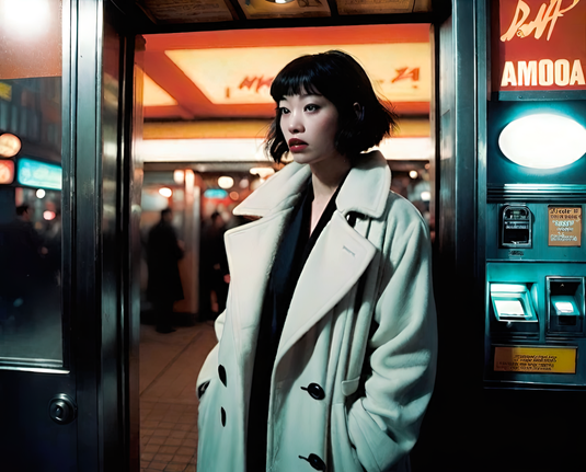 a photographic depiction of a humanoid individual in an overcoat leaving a popular automated vending facility