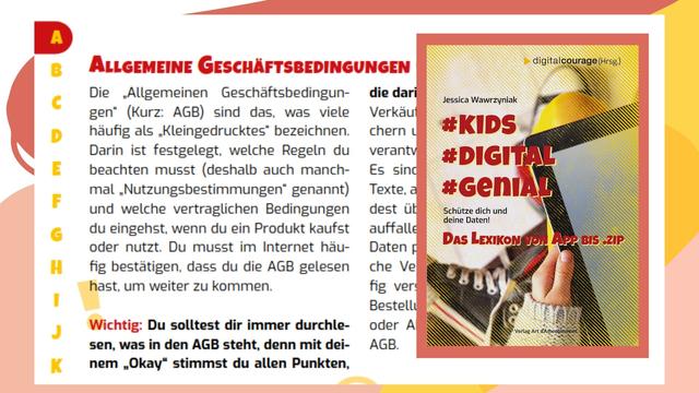 Cover des Buchs "#Kids #digital #genial – Schütze dich und deine Daten!". Im Hintergrund ein Ausschnitt des Eintrags zu „Allgemeinen Geschäftsbedingungen“