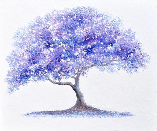 An elegant Jacaranda tree (Jacaranda mimosifolia) with vibrant blue and purple foliage stands against a pure white background. Purple flowers are scattered at the base of the lone tree.