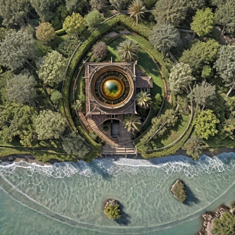 Aerial view of a wooden structure, with a square deck holding a futuristic metallic orb containing planetary data, with surrounding decks, ramps, and staircases, in a vertical-eye-shaped clearing in a forest by a shallow sea.