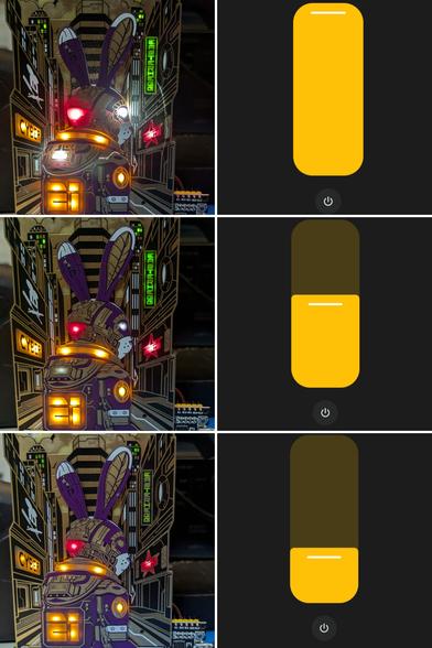 A collage of three different photos of the EH2024 badge in three different illumination settings (really three different supply voltages) as set via a homeassistant slider