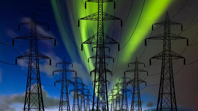 photo/graphic - auroras over high tension power lines
