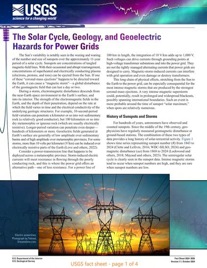 USGS - fact sheet - page 1 - Solar Cycle, Geology, And Geoelectric Hazards For Power Grids