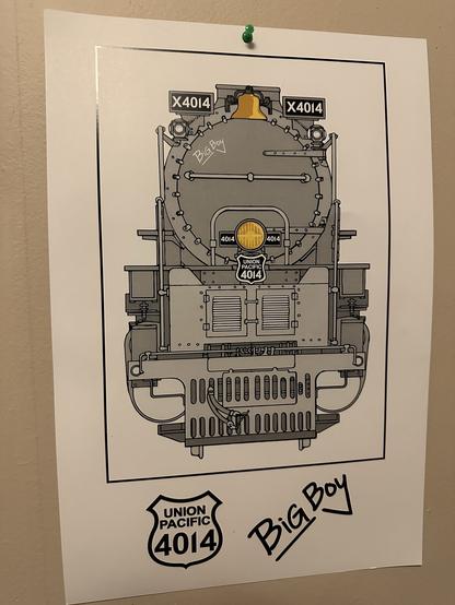 A black-and-white poster of a drawing of the front of the Union Pacific 4014 Big Boy steam train.