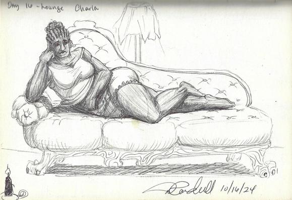 A woman lounges on a chaise.