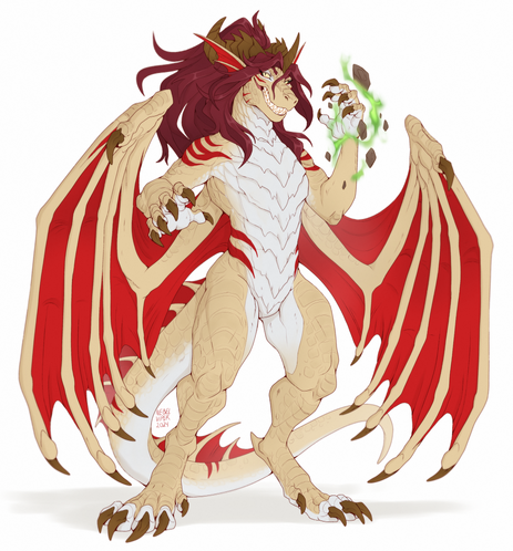 A picture of a Dracthyr from World of Warcraft. She has primarily yellow scales, a white chest, red membrane, and red hair done up in a ponytail. She is standing tall with one hand up casting a spell.