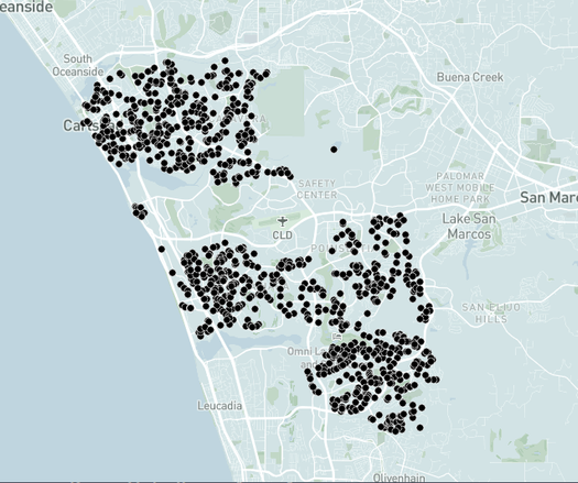 Map of Carlsbad showing a scatter pattern of households that have already voted in this election.