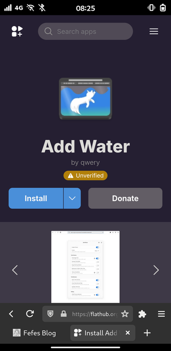 Screenshot of the Add Water flathub page in Firefox with mobile-config-firefox and some Add Water styling applied on top.