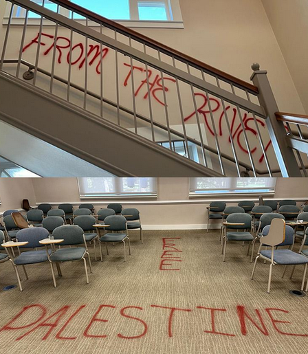 Graffiti reading, "From the River..." and "Free Palestine"