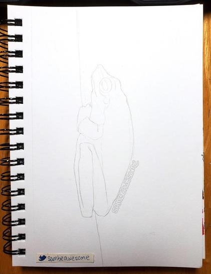 A photo of a sketchbook with a lightly drawn pencil sketch of a tree frog seen from the side, legs and arms tucked under its body.
