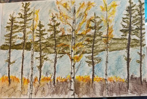 An Inktense drawing of Ounasvaara.
Reflection of the mountain in the water of Kemi river.
Autumn colors, birch trees, pine trees.