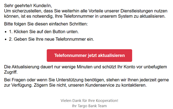 Screenshot einer Phishing-Mail im Namen der Targobank