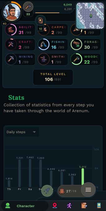 L'écran des statistiques de Walkscape. On y voit les compétences de son personnage et le nombre de pas effectués chaque jour