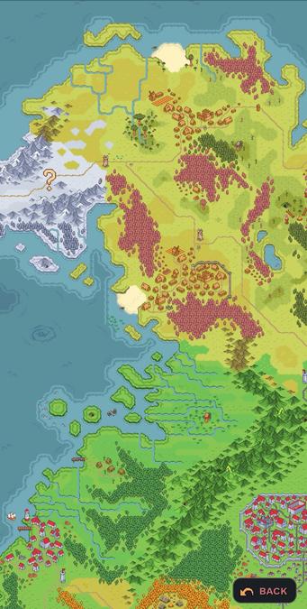 Une carte colorée du monde d'Arenum. Certains points sont mis en évidence par des points d'interrogation mystérieux