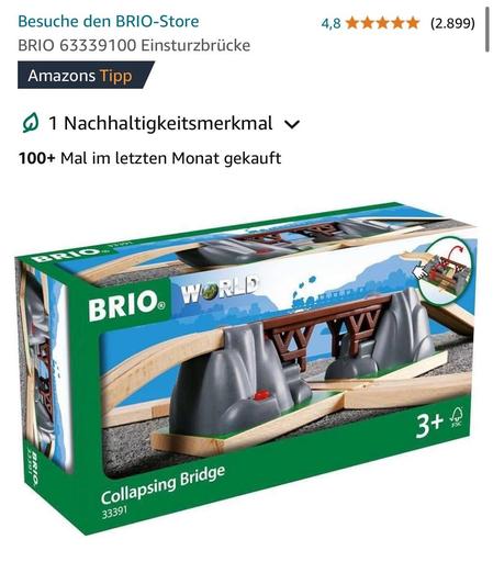 Image of a BRIO toy set featuring a "Collapsing Bridge." The packaging showcases a wooden bridge design with gray supports and includes a depiction of how it works. It is labeled for ages 3 and up and has customer ratings.