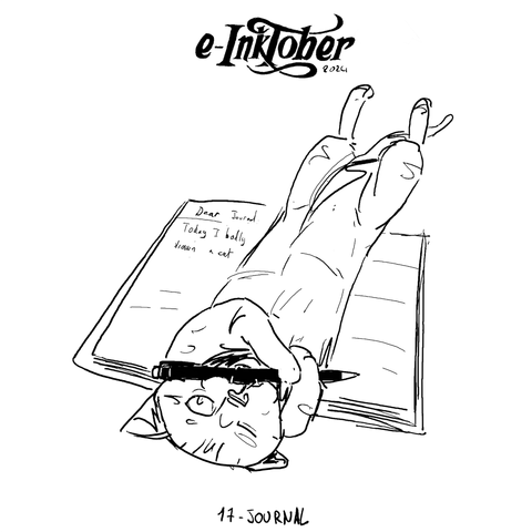 A black and white drawing of a cat laying on a journal and chewing on a pen. 
a text on the journal is writen : Dear Journal today I badly drawn a cat.