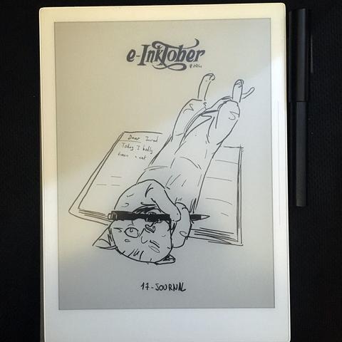 A photo of the same black and white drawing on the e-ink tablet it was drawn.