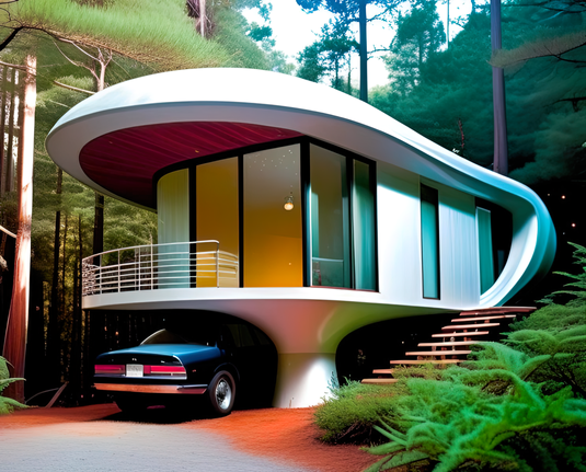 a photographic depiction of a small house concept with dominant rounded features in white plastic encapsulating a compact rectilinear plan on a wooded lot