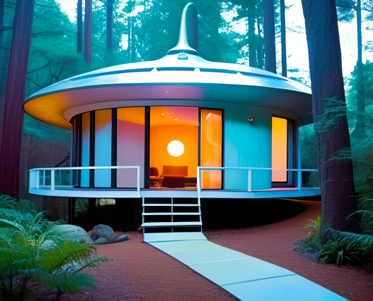 a photographic depiction of a small house concept with a round plan and few rooms embedded in a wooded environment