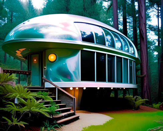 a photographic depiction of a manufactured small home concept dwelling, a bit lozenge-shaped, with tall interior ceilings, lots of windows, and a shiny exterior in a wooded lot
