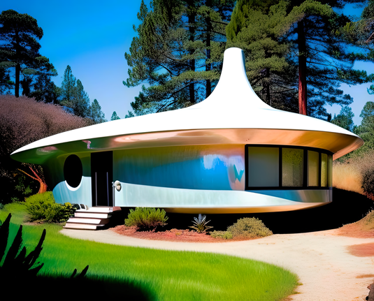 a photographic depiction of a small prefabricated home concept featuring rounded lines integrated with a natural wooded setting