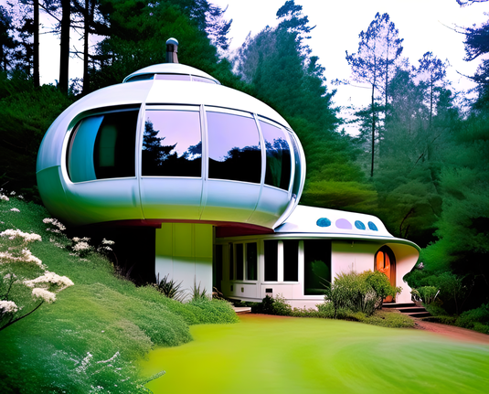 a photographic depiction of a small home concept of round design with a modular "pod" expansion that leaves the slope against which it is set intact