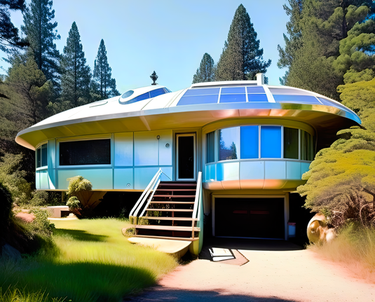 a photographic depiction of a small home concept with rounded features, under-home parking, and a few solar panels