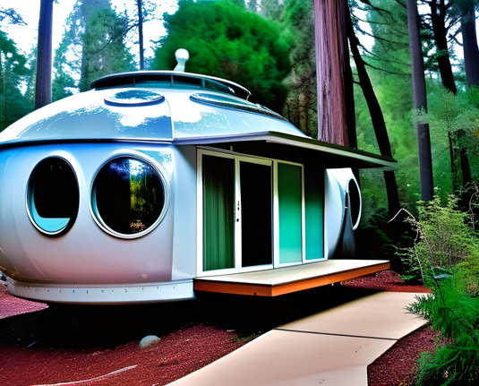 a photographic depiction of a prefabricated small home concept, rounded, with porthole windows and large glass doors on the side visible, in a wooded setting