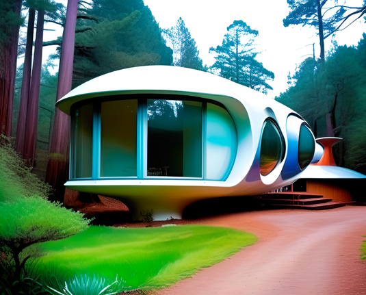 a photographic depiction of a prefabricated small home concept with rounded retrofuturist lines in a wooded setting