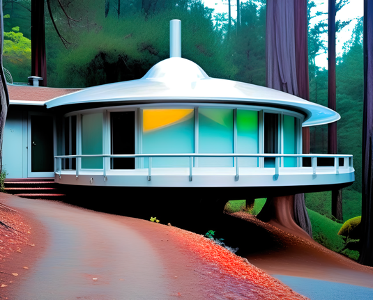 a photographic depiction of a rounded enclosed deck extension to an older small home in a wooded setting with a minimal, terrain-ignoring footprint