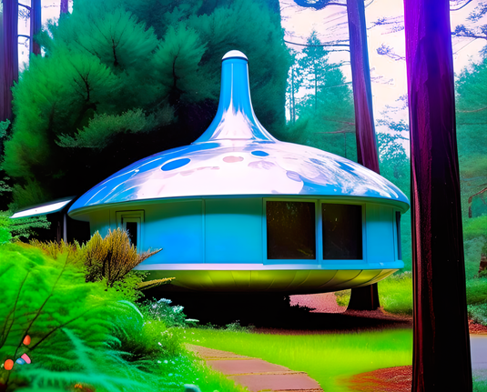 a photographic depiction of a rounded "saucer plan" small home design concept with passive solar roof in a wooded environment