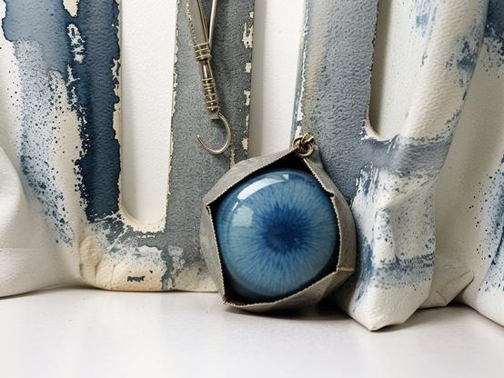 Blue spherical gem in a folded silver setting, resting under a broken jump ring attached to a hanging chain, against a rough blue-grey painted surface.